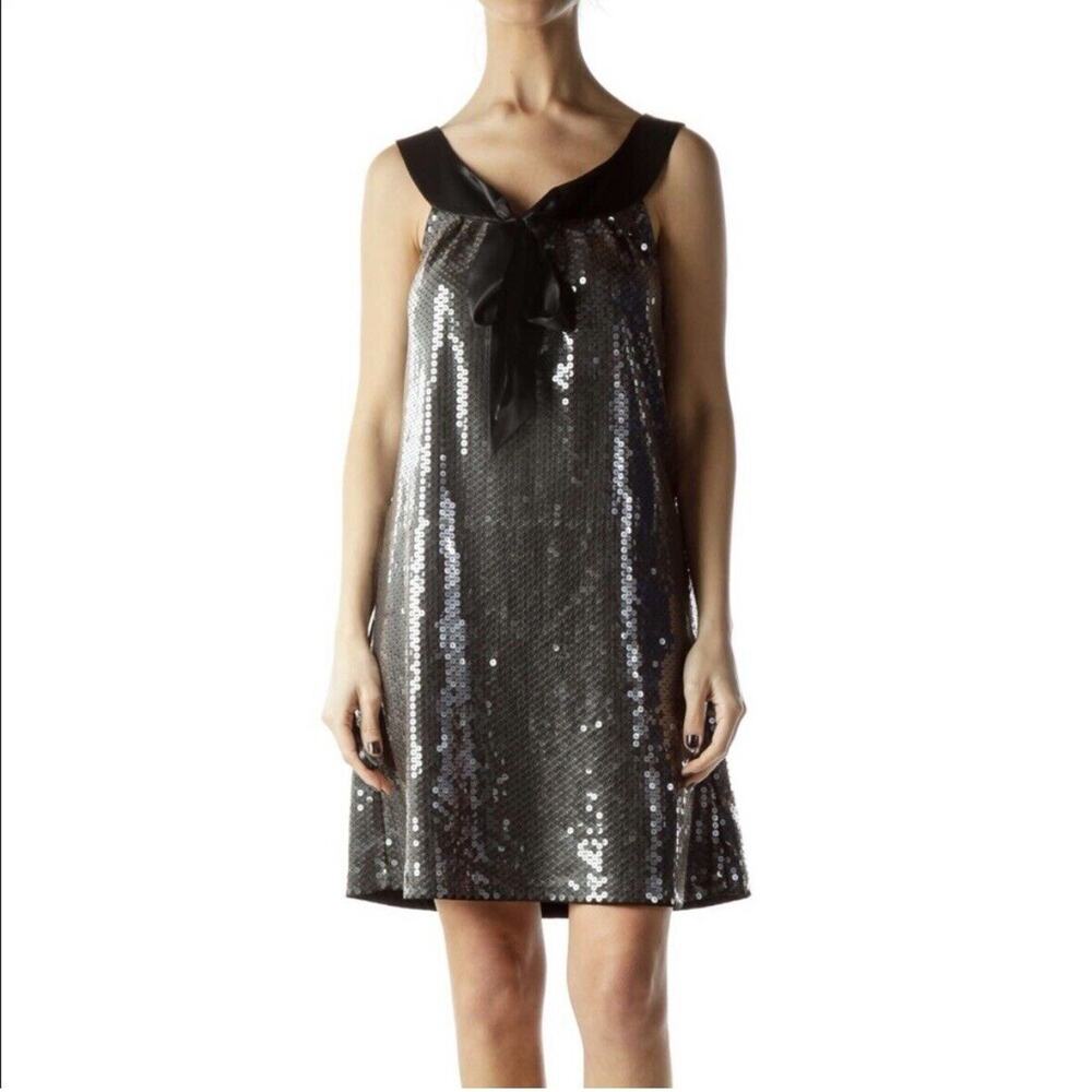 LaROK Sequin Y2K Sheath Dress Metallic Platinum Black Sleeveless Medium